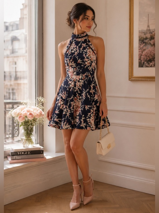 B Darlin Dresses & Skirts - B. Darlin Floral Mock Neck Fit & Flare Dress Size 3/4